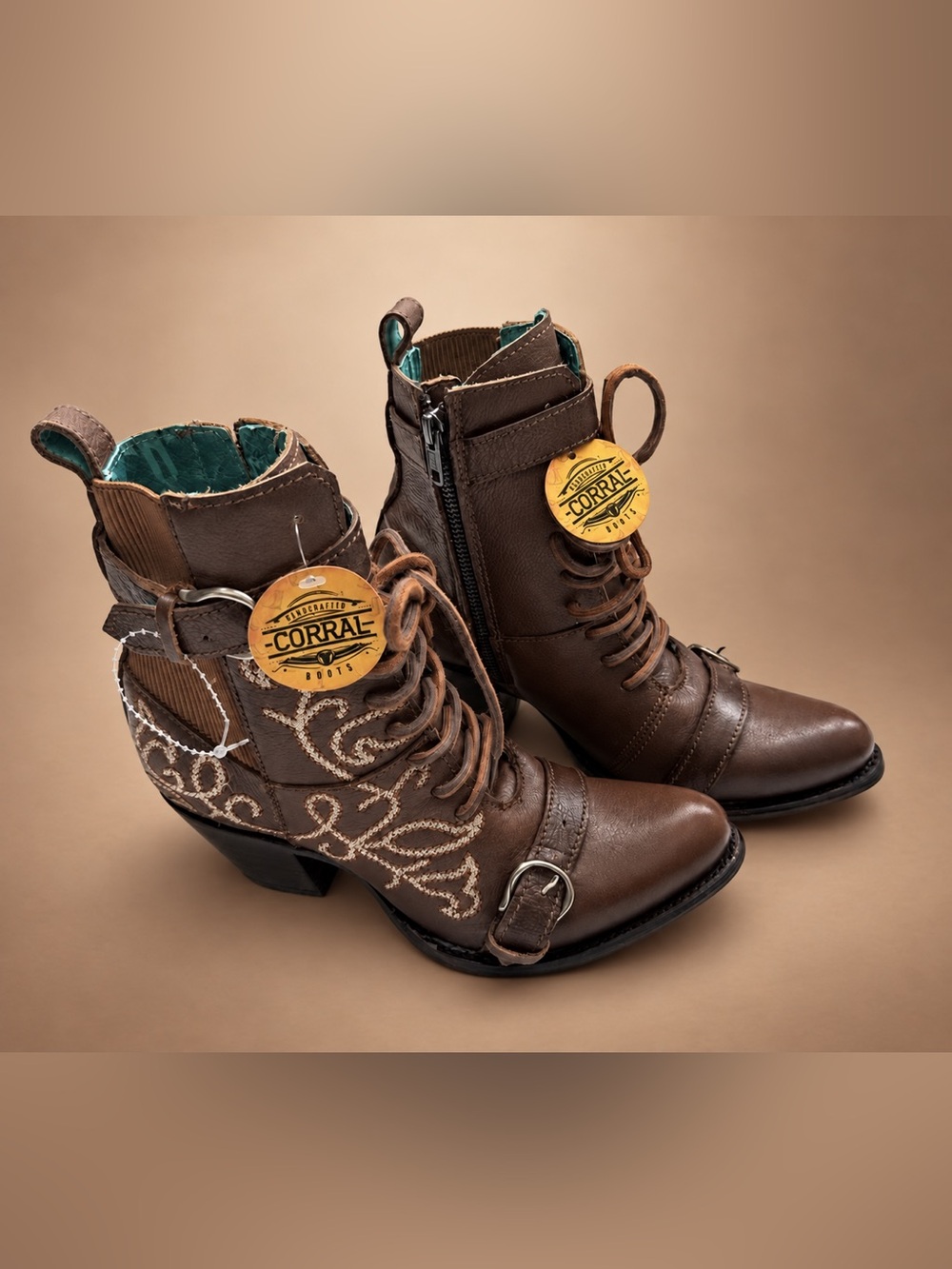 Corral Harness Lace-Up Leather Booties Brown Women’s Size 8.5 BNWT